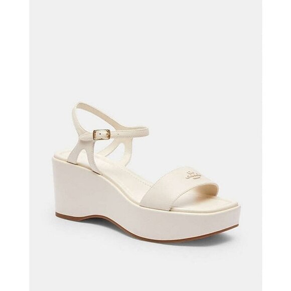 Coach Gale Platform Wedge Sandals Women’s Chalk Leather Logo Ankle Strap - Picture 1 of 4